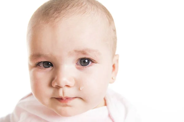 Portrait of crying young baby on white background — Stok Foto