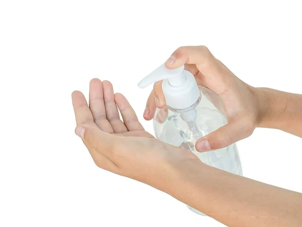 Girl hands using hand sanitizer gel pump dispenser — Stock Photo, Image