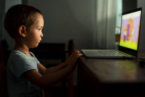 Kleine blonde jongen kijken cartoons op laptop thuis — Stockfoto