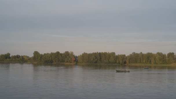 Boot varen in de rivier bij zonsondergang. Natuurlijke achtergrond. — Stockvideo