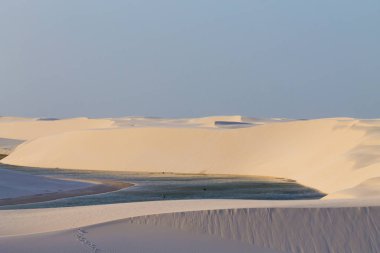 Lencois Maranhenses Ulusal Parkı, Brezilya 'dan beyaz kum tepeleri manzarası. Yağmur suyu gölü. Brezilya manzarası