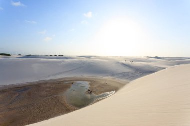 Lencois Maranhenses Ulusal Parkı, Brezilya 'dan beyaz kum tepeleri manzarası. Yağmur suyu gölü. Brezilya manzarası