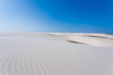 Lencois Maranhenses Ulusal Parkı, Brezilya 'dan beyaz kum tepeleri manzarası. Yağmur suyu gölü. Brezilya manzarası