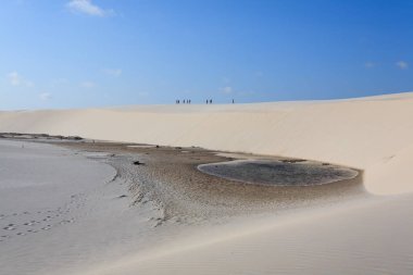 Lencois Maranhenses Ulusal Parkı, Brezilya 'dan beyaz kum tepeleri manzarası. Yağmur suyu gölü. Brezilya manzarası