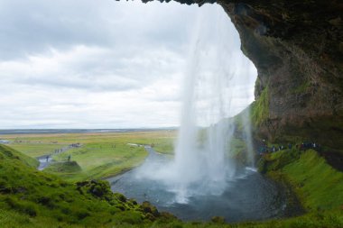 Seljalandsfoss yaz sezonunda İzlanda 'ya düşer. İzlanda manzarası.