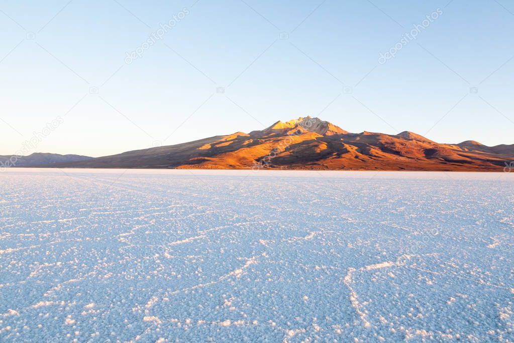 Salar de Uyuni, Bolivia. Largest salt flat in the world. Bolivian landscape. Cerro Tunupa view