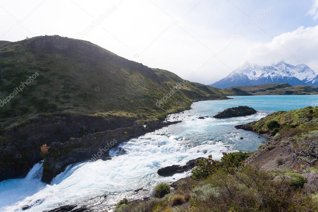 Salto Chico waterfall view, Torres del Paine National Park, Chile. Chilean Patagonia landscape