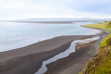 Hvitserkur deniz yığını, İzlanda. Siyah kum plaj