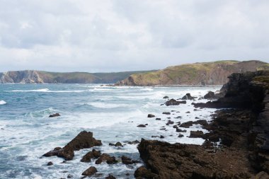 Verdicio plaj manzarası. Asturias kıyı şeridi panoraması, İspanya. İspanyol manzarası
