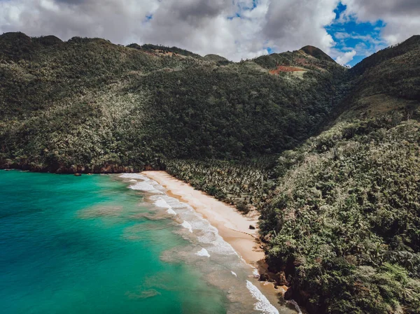 Veduta Aerea Drone Una Piccola Spiaggia Paradisiaca Con Palme Acqua Immagine Stock