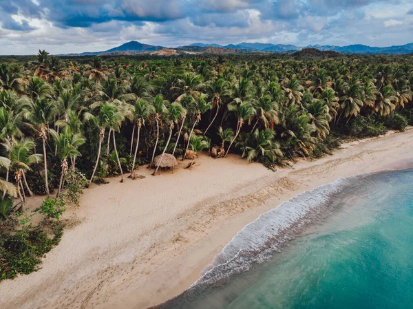 Veduta Aerea Drone Della Spiaggia Paradisiaca Con Palme Acqua Blu Fotografia Stock