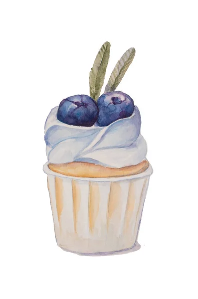 Desenho Aquarela Cupcake Com Mirtilos Creme — Fotografia de Stock