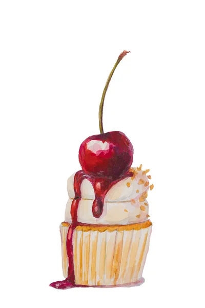 Desenho Aquarela Cupcake Com Creme Cereja — Fotografia de Stock