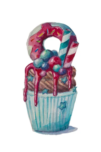 Aquarell Zeichnung Von Cupcake Mit Donut — Stockfoto