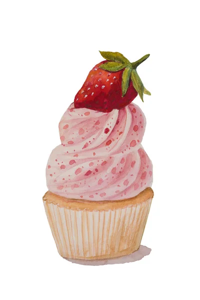 Aquarell Zeichnung Von Cupcake Mit Erdbeere Und Rosencreme — Stockfoto