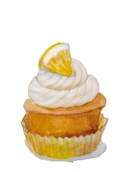 Disegno Acquerello Cupcake Con Fetta Limone Crema Foto Stock