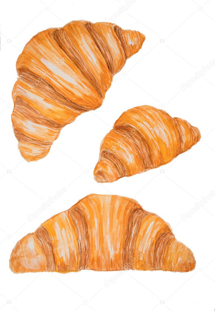 Watercolour drawing of 3 croissants 