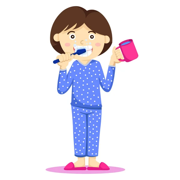 Illustrator Girl Brushing His Teeth — Stock Vector