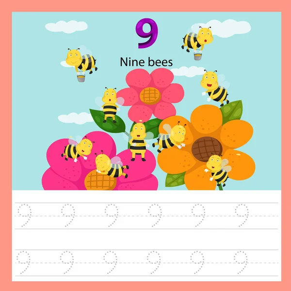Illustrator Worksheet Nine Bees — Stock Vector