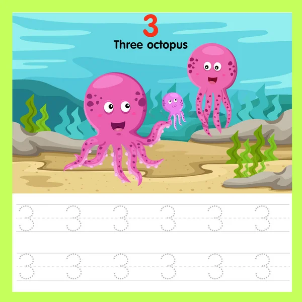 Illustrator Van Werkblad Van Drie Octopus — Stockvector