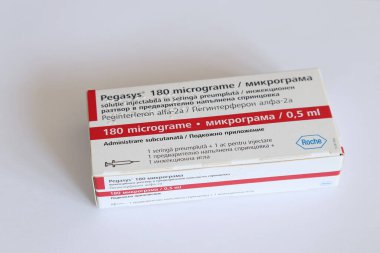 Bucharest Romania - September 5 2020: Used carton box of Pegasys Interferon, used for the treatment of viral Hepatitis B and Hepatitis C clipart