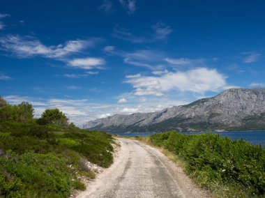 Hvar Adası, taze yeşil çimen, mavi gökyüzü ve dağlar ile Hırvatistan güzel kıyısında bir yol