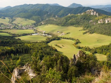 Sulov kayalarından manzara, kayaları ve çayırları ile Slovakya'da doğa rezervi