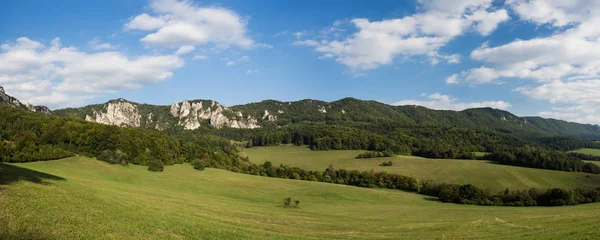 Суловы скалы, природный заповедник Словакии, панорама со скалами и лугом — стоковое фото