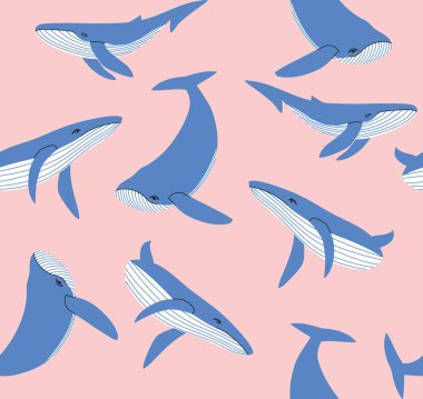 Balinaların kusursuz arka plan elementleri. Mutfak, duvar kağıdı, tekstil, kumaş, kağıt için renkli arkaplan dokusu. Gökyüzü mavisi balina deseni.