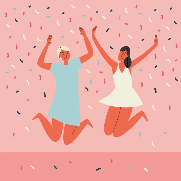 Εικονογράφηση Διάνυσμα Δύο Κορίτσια Πηδάει Από Την Ευτυχία Ένα Λευκό — Διανυσματικό Αρχείο
