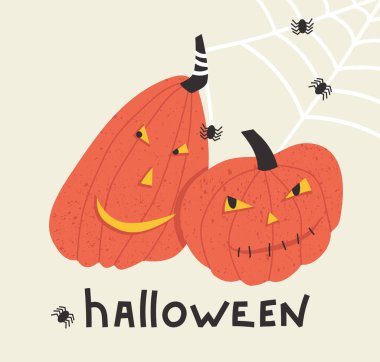 Örümcek ve örümcek ağlı Cadılar Bayramı balkabaklarının vektör çizimi.