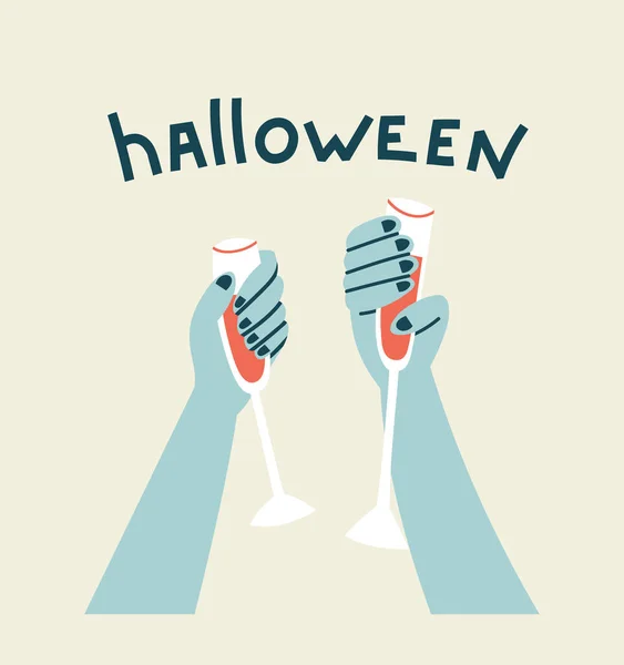 Illustrazione Vettoriale Due Mani Con Bicchieri Sangue Illustrazione Halloween — Vettoriale Stock