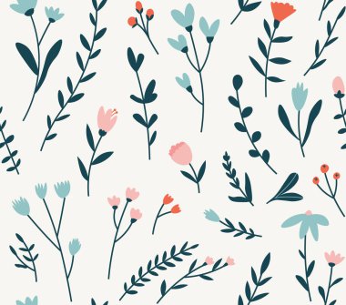 Farklı çiçeklerin kusursuz deseni. Pembe, mavi ve kırmızı çiçeklerin arka plan elementleri..