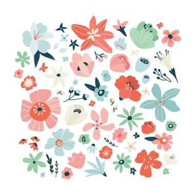 Çiçek tomurcuklarının vektör çizimi. Kırmızı, mavi, yeşil, gök mavisi ve bej renkli çiçekler. El çizimi set.