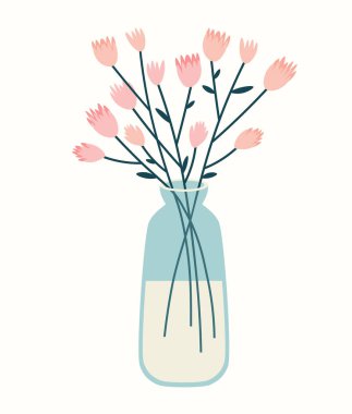Pembe çiçekli mavi cam vazonun vektör çizimi. Vazo çizimi bej bir arkaplanda izole edilmiş. El çizimi karalama çizimi.
