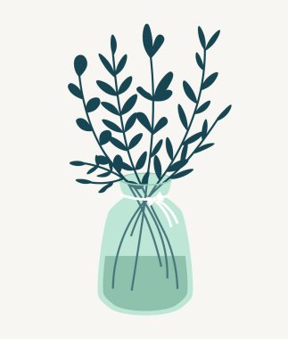 Yeşil dalları ve kurdelesi olan cam bir vazonun vektör çizimi. Vazo çizimi bej bir arkaplanda izole edilmiş. El çizimi karalama deseni.