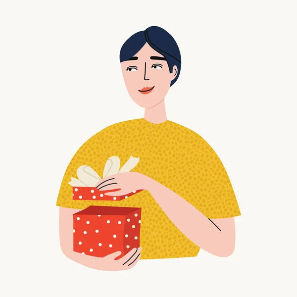 Векторная Иллюстрация Девушки Держащей Открывающей Подарок Иллюстрация Дарения Обмена Подарками — стоковый вектор