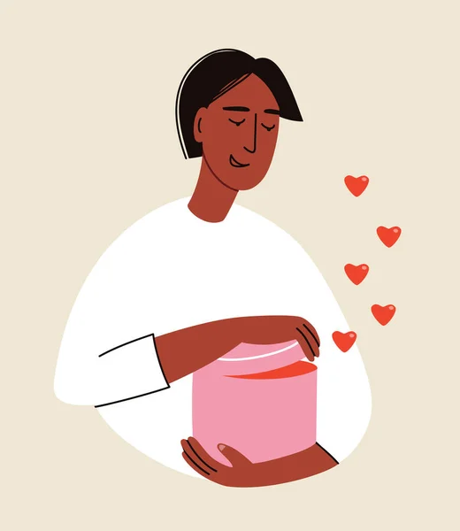 Vector Illustration Man Holding Opening Pink Gift Illustration Giving Exchanging Vector Graphics