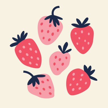 Bej arka planda pembe ve kırmızı çileklerin vektör çizimi. El yapımı çilek çizimi. Vejetaryen yemeği.