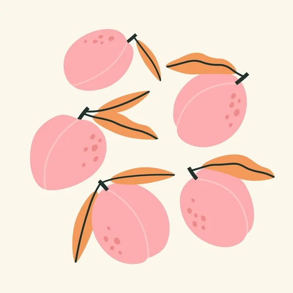 Ilustração Vetorial Pêssegos Rosa Com Folhas Laranja Frutos Desenhados Mão — Vetor de Stock