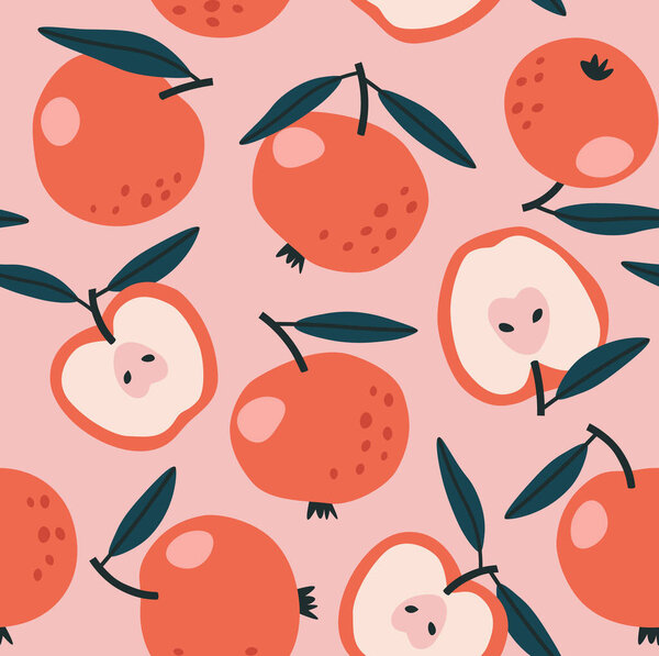 Бесшовный рисунок яблок и половина яблок. Набор векторных яблок ручной работы. Веганская кухня.