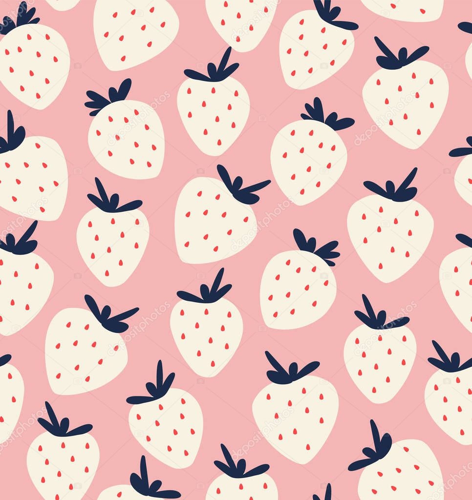 Seamless pattern of white strawberries on a pink background with blue leaves. Hand-drawn strawberry illustration. Vegan food pattern.
