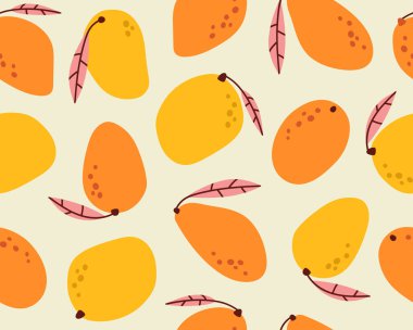 Bej bir arka planda sarı ve turuncu mango arkaplan elementlerinin kusursuz deseni. El yapımı mango karalamalarıyla ayarlanmış. Mutfak, duvar kağıdı, tekstil, kumaş, kağıt için renkli arkaplan dokusu. 