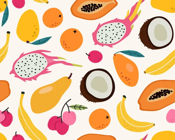 과일의 요소들의 매끄럽지 손으로 바나나 코코넛 파파야 오렌지 리치의 — 스톡 벡터