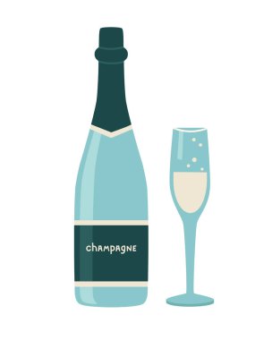 Beyaz izole bir arka planda bir şişe şampanya ve bir bardak şampanyanın temsili. El çizimi, düz çizim. Noel, yeni yıl, doğum günü, parti, kutlama unsuru.