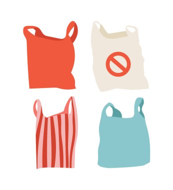 Plastik poşetlerin kırmızı, bej, mavi ve pembe renklerle gösterimi. El yapımı plastik torba seti. Plastik torbalara hayır de. Plastik yasaktır. Sıfır kayıp. Ekoloji.