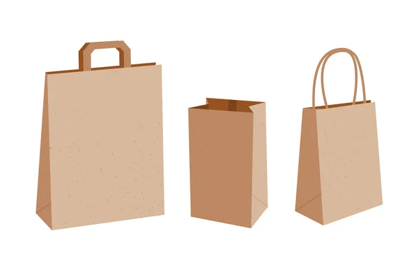 Vector Collection Three Empty Paper Bags Handles Kraft Package Illustration — Stock Vector