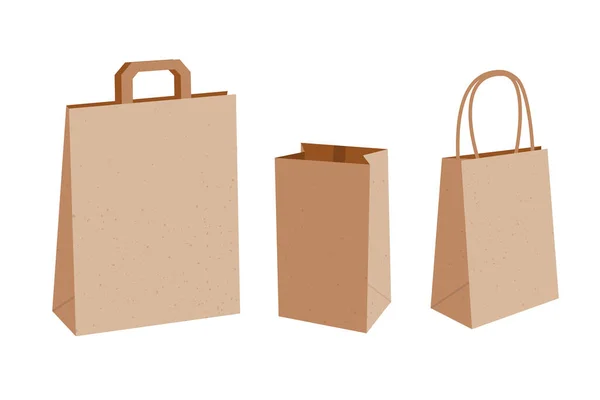 Colección Vectorial Tres Bolsas Papel Vacías Con Asas Sin Ellas — Vector de stock