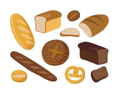 Ekmek setinin temsili: baget, çavdar ekmeği, tam buğday ekmeği, simit, tost. Beyaz arka planda el yapımı ekmek ve dilimler izole edilmiş. Pişirme ürünleri.
