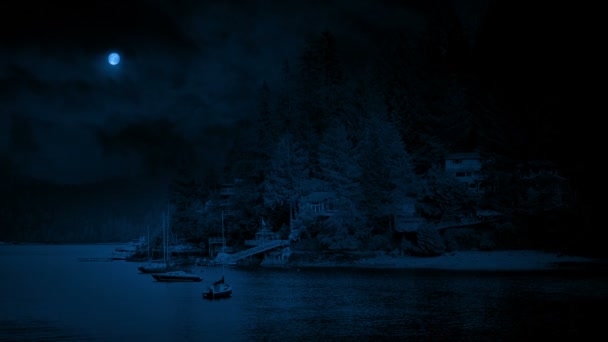 海湾与小船和房子在晚上 — 图库视频影像